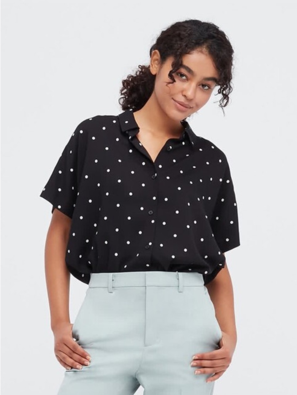 Uniqlo Black Polka Dot Short-Sleeve Button-Up Top